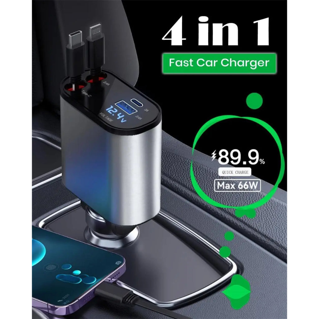120W 4 IN 1 Retractable Car Charger USB C Cable For IPhone Huawei Samsung Fast Charge Cord Cigarette Lighter Adapter